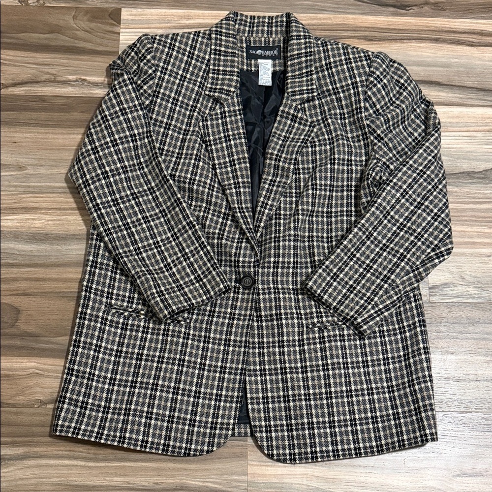 Sag Harbor Vintage Women's Blazer Jacket Size 16W Cream Black Plaid Wool Blend